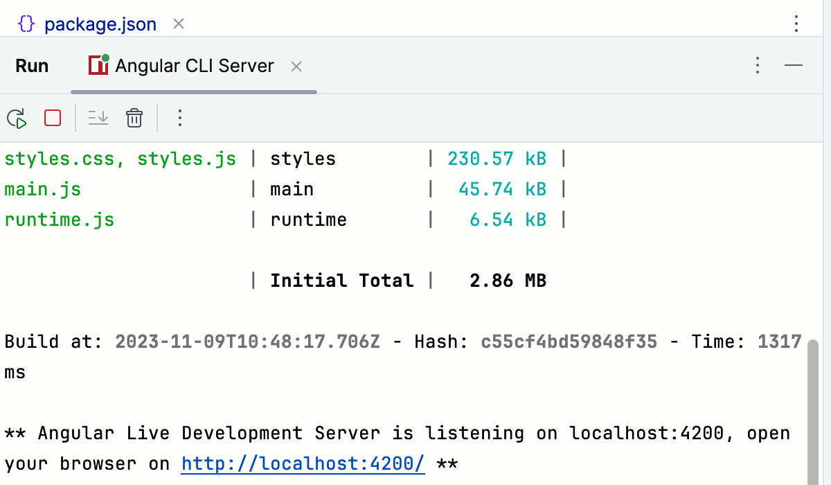 Running Angular CLI app: the Development server is ready