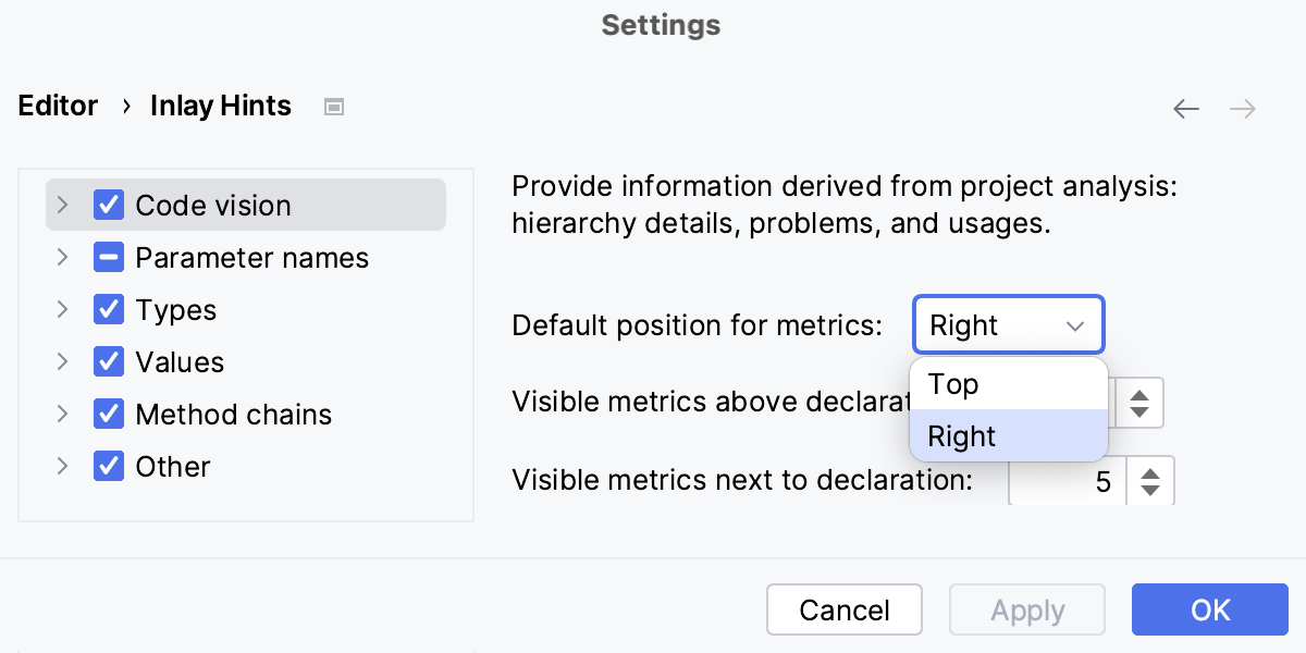 Code vision: configure default settings