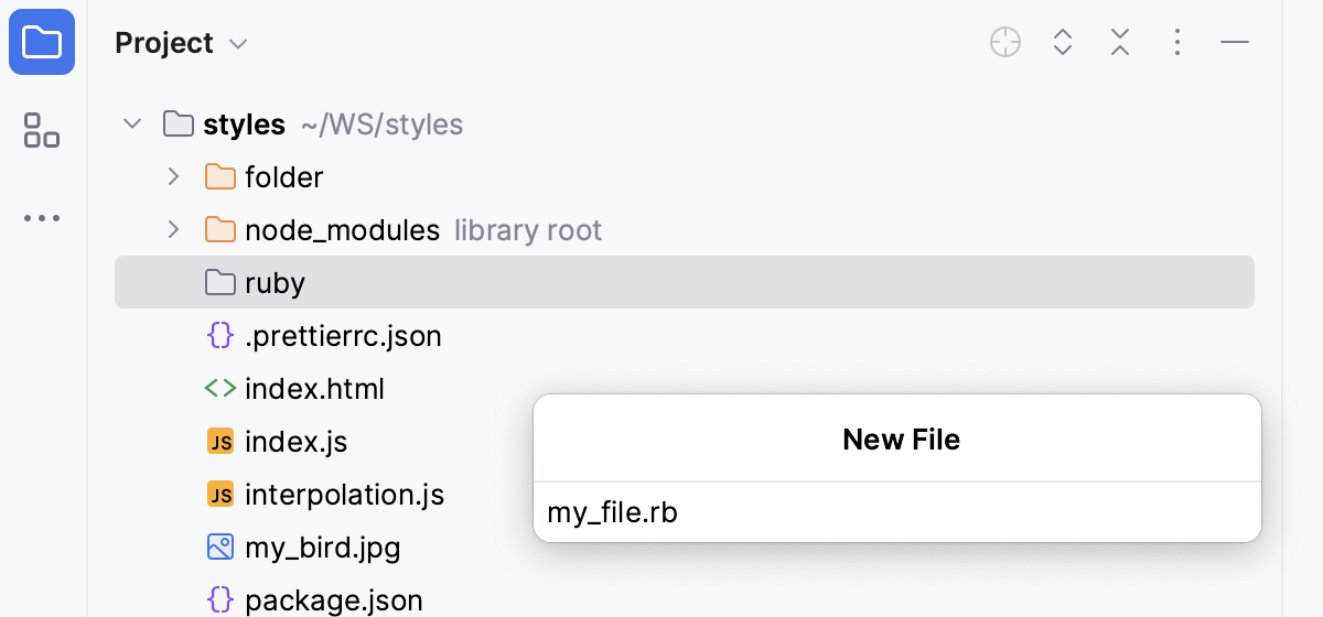 Creating a Ruby file in WebStorm