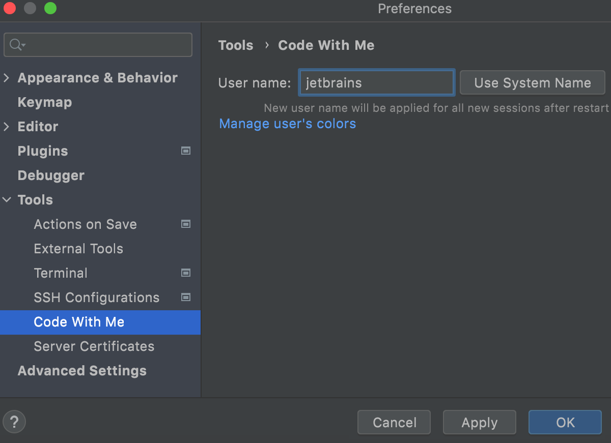 the Code With Me settings