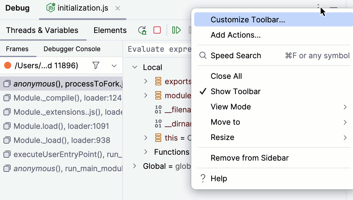Customize stepping toolbar - context menu