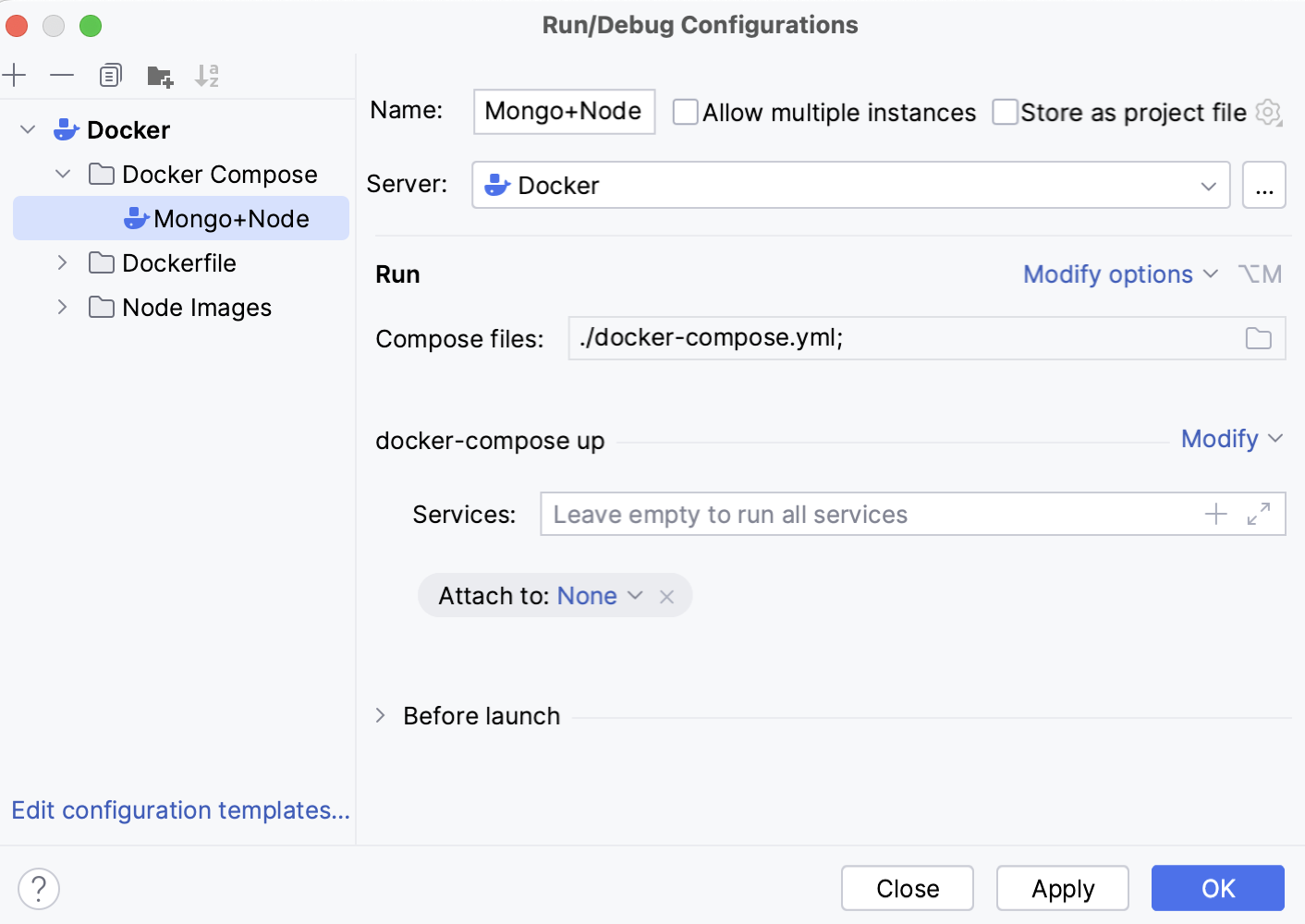 Docker compose run configuration dialog