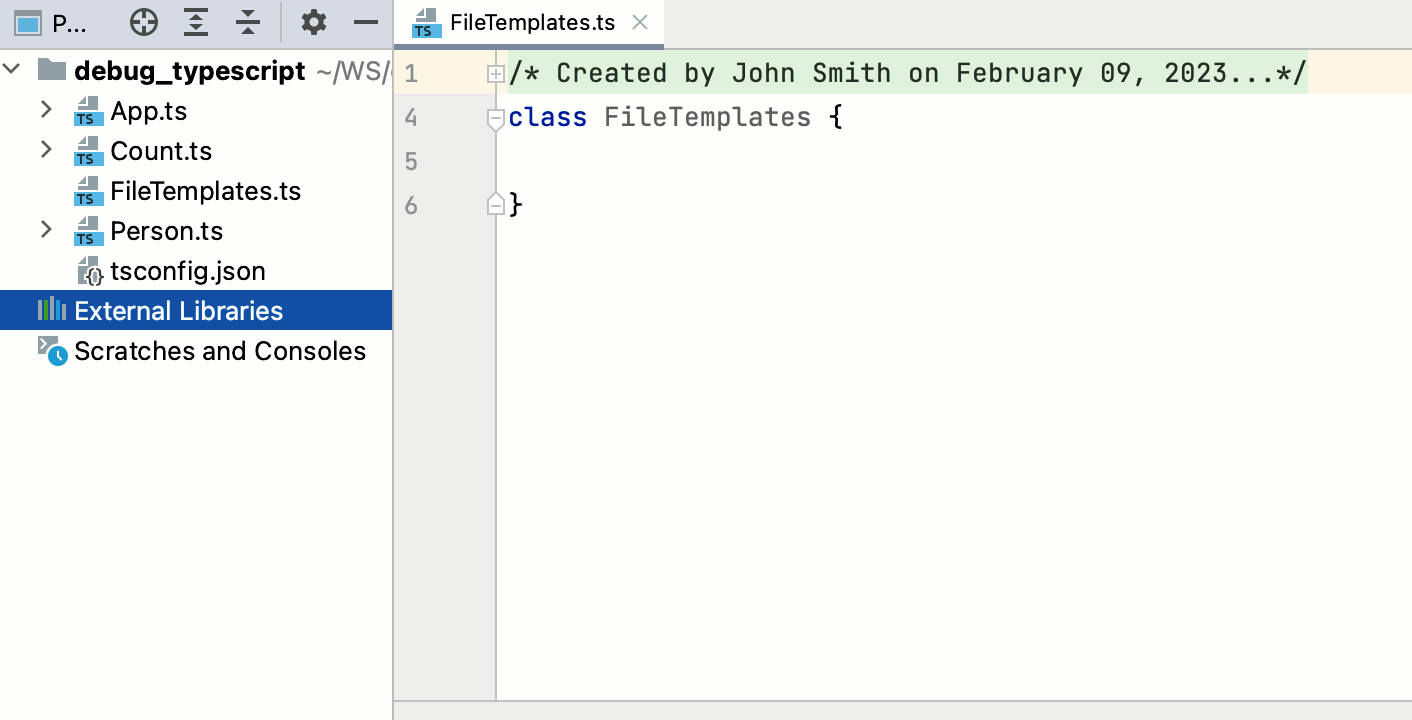 Create a TypeScript class via a custom template: specify the values for custom variables