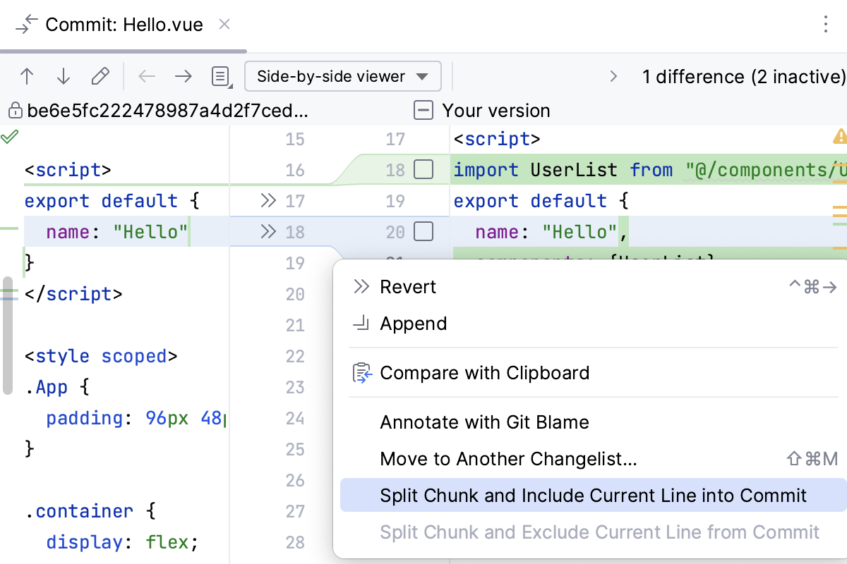 WebStorm: An option to include current line in commit in the context menu