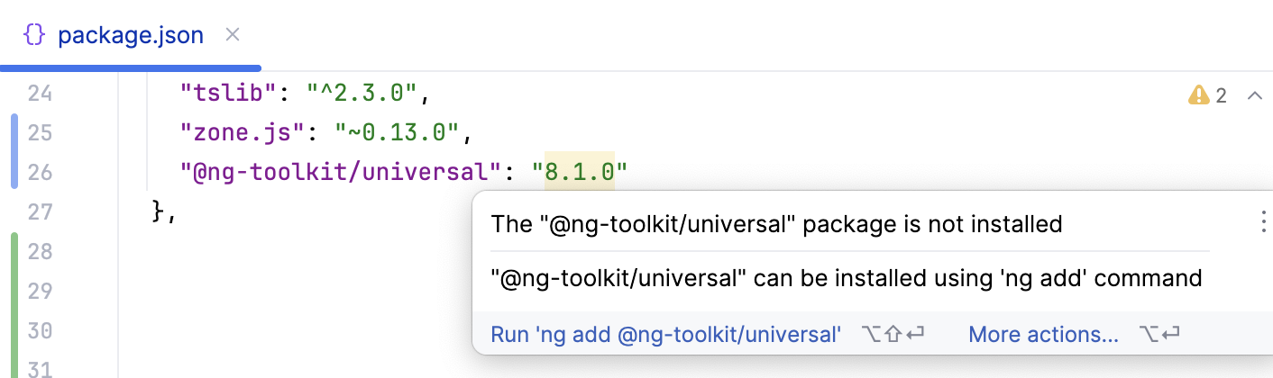 IntelliJ IDEA suggests adding a dependency with ng add