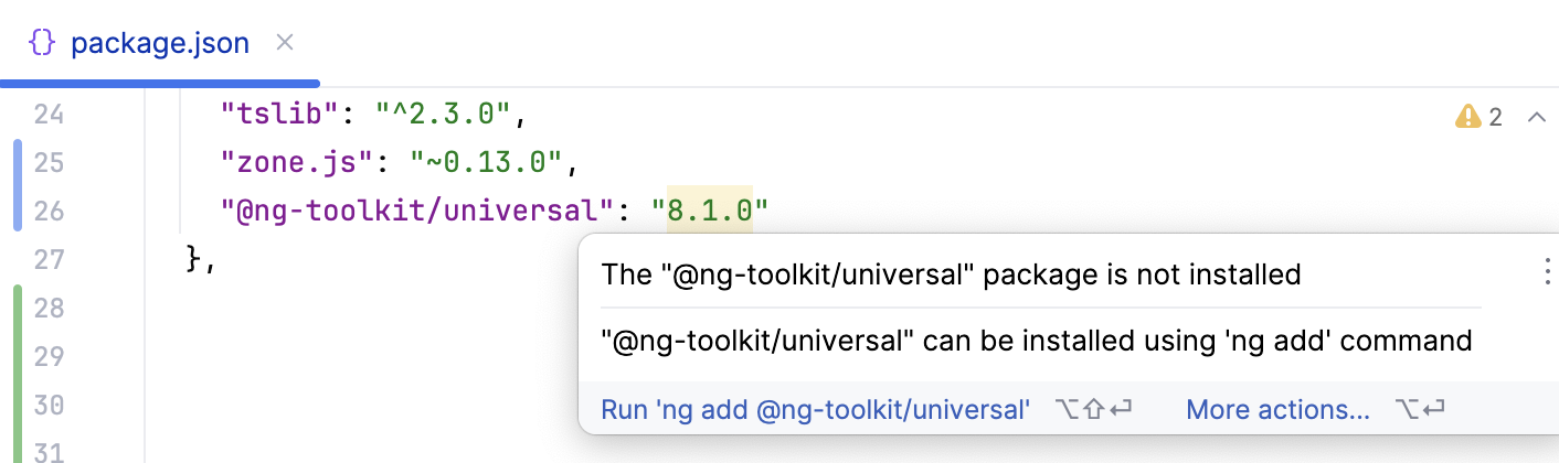 PyCharm suggests adding a dependency with ng add