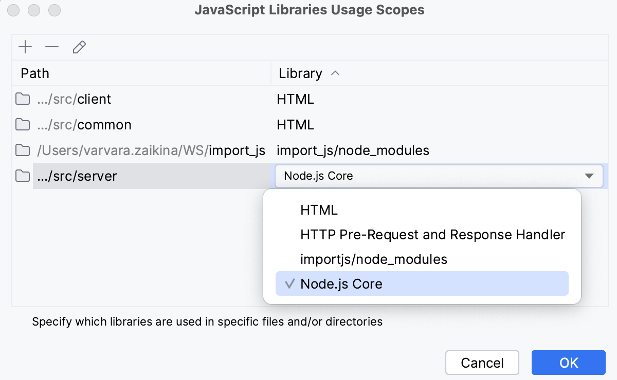 指定范围：选择 Node.js 核心库