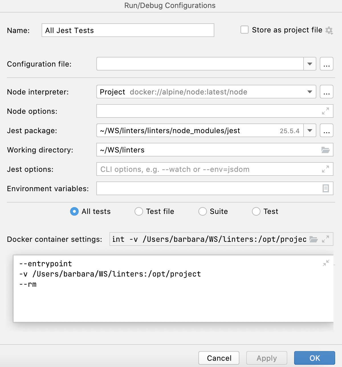 运行/调试配置：Jest。 Docker 容器设置