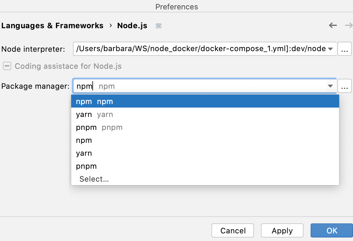 Settings: newly configured remote Node.js interpreter selected as default