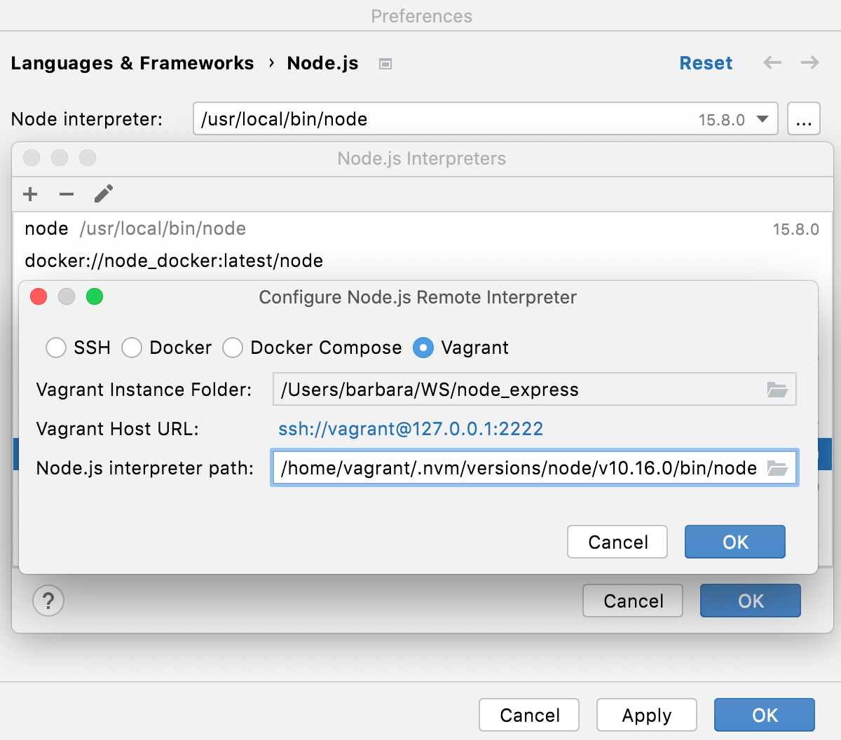 在 Vagrant 环境中配置远程 Node.js 解释器：指定实例文件夹和 Node 可执行文件的位置