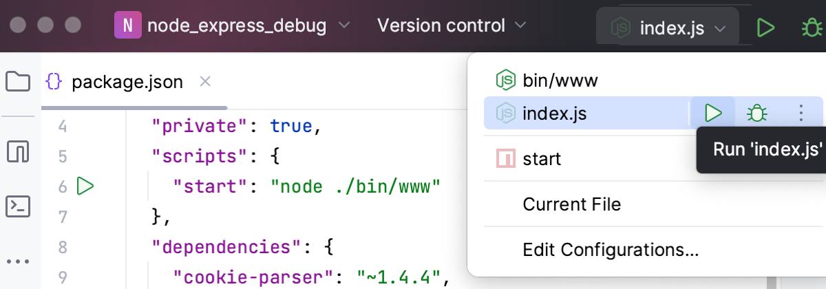 Start an app with a run/debug configuration