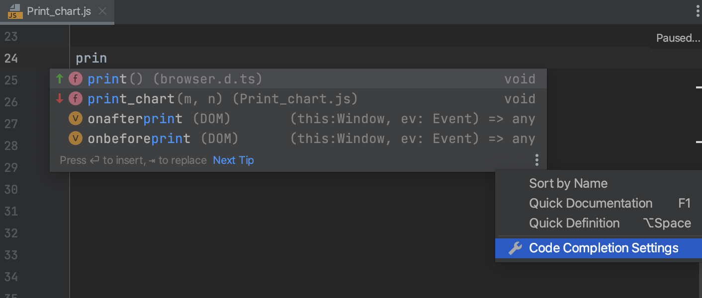 Opening completion settings Opening completion settings