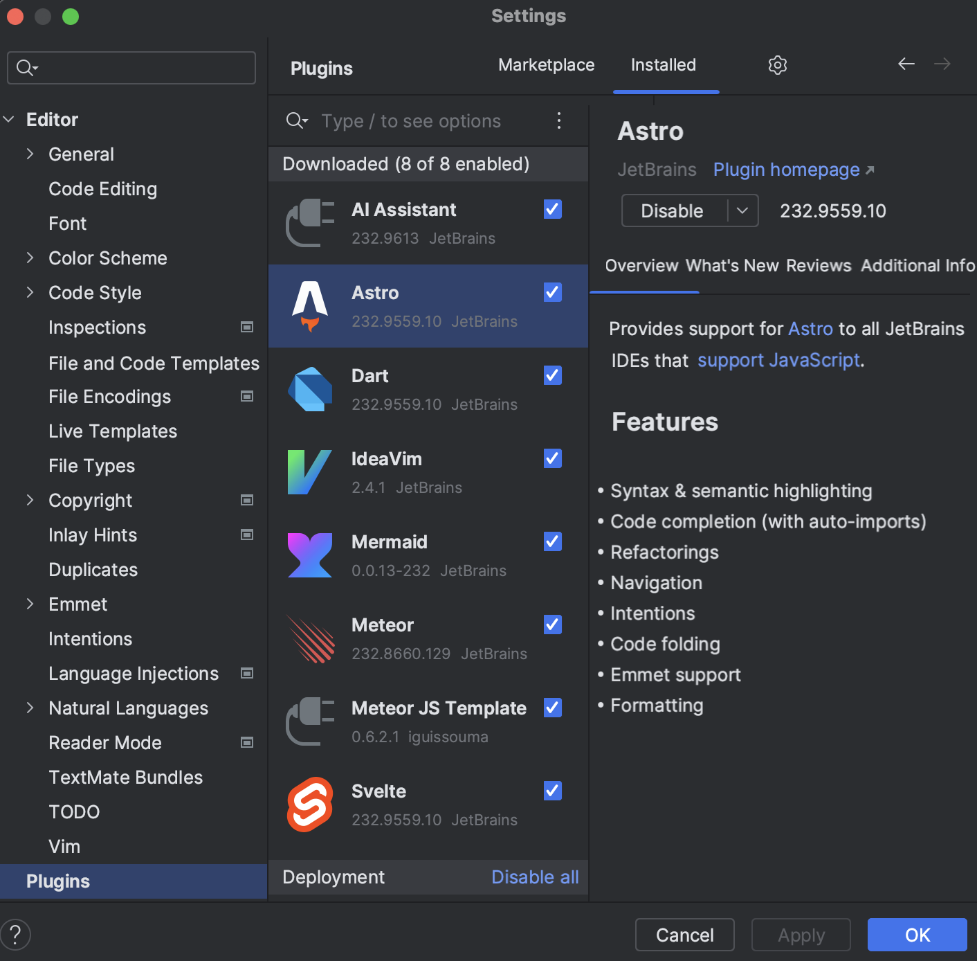 The Plugins settings dialog