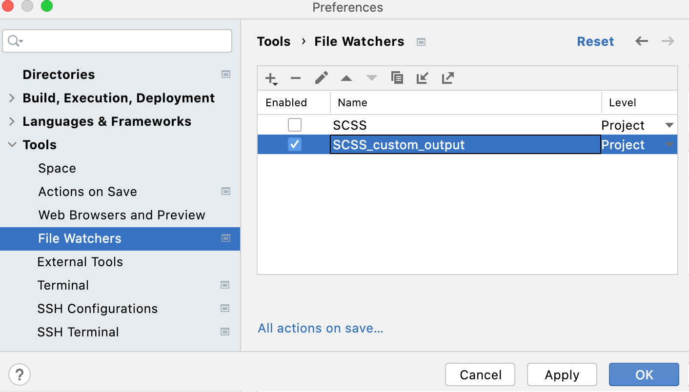 New File Watcher with custom output path saved and enabled