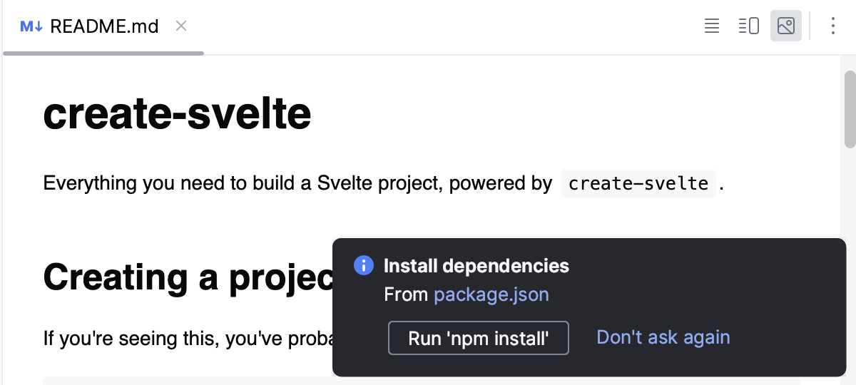 Svelte: open an app and install dependencies
