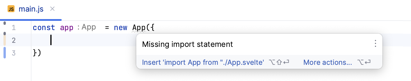Svelte: import missing, quick fix popup