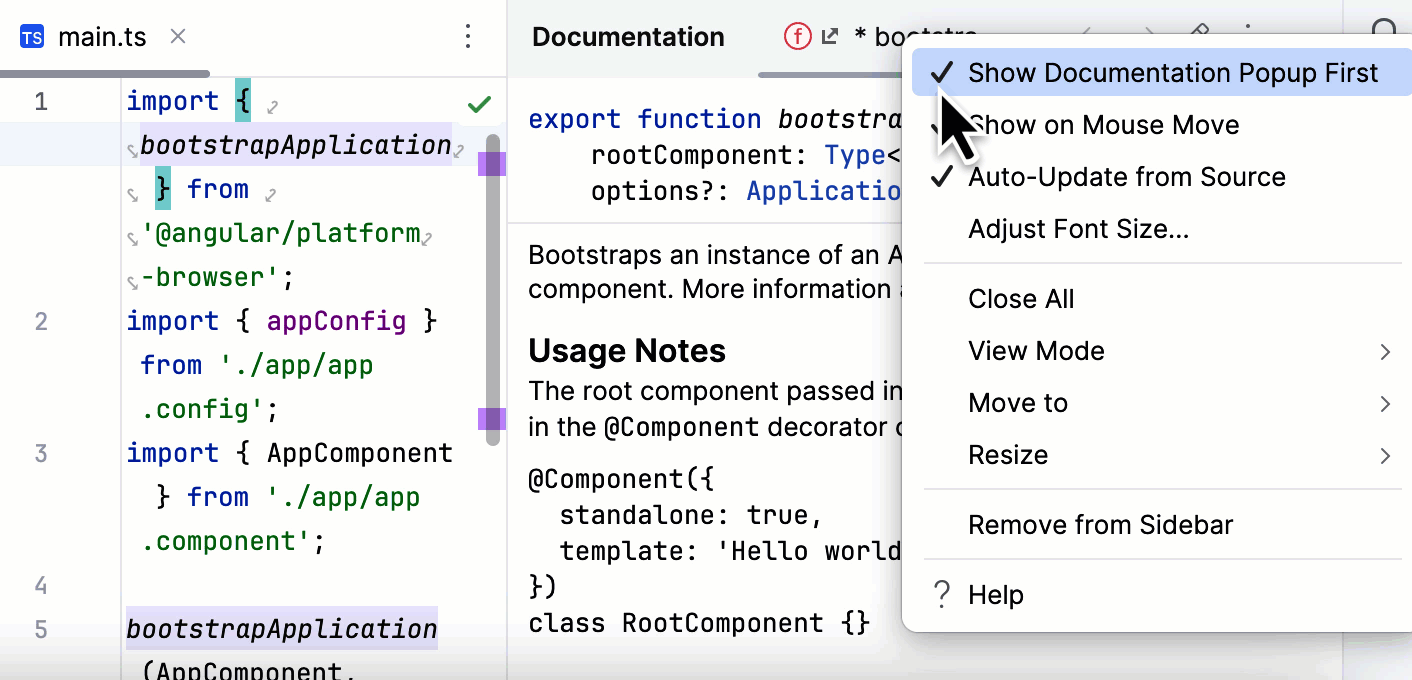 Quick documentation lookup: switch between the popup and the tool window