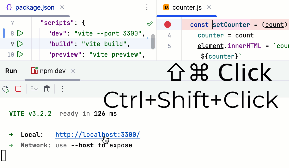 Starting a debugging session from the Run tool window, the application is running on localhost