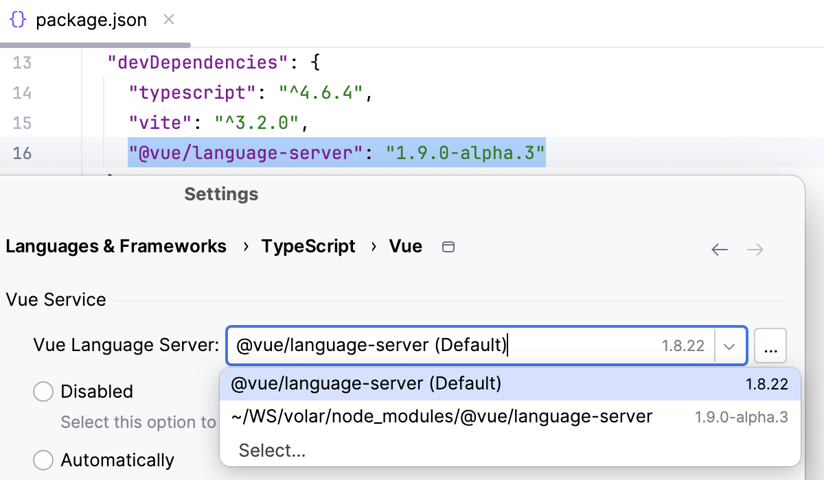 Select a custom Vue Language Server