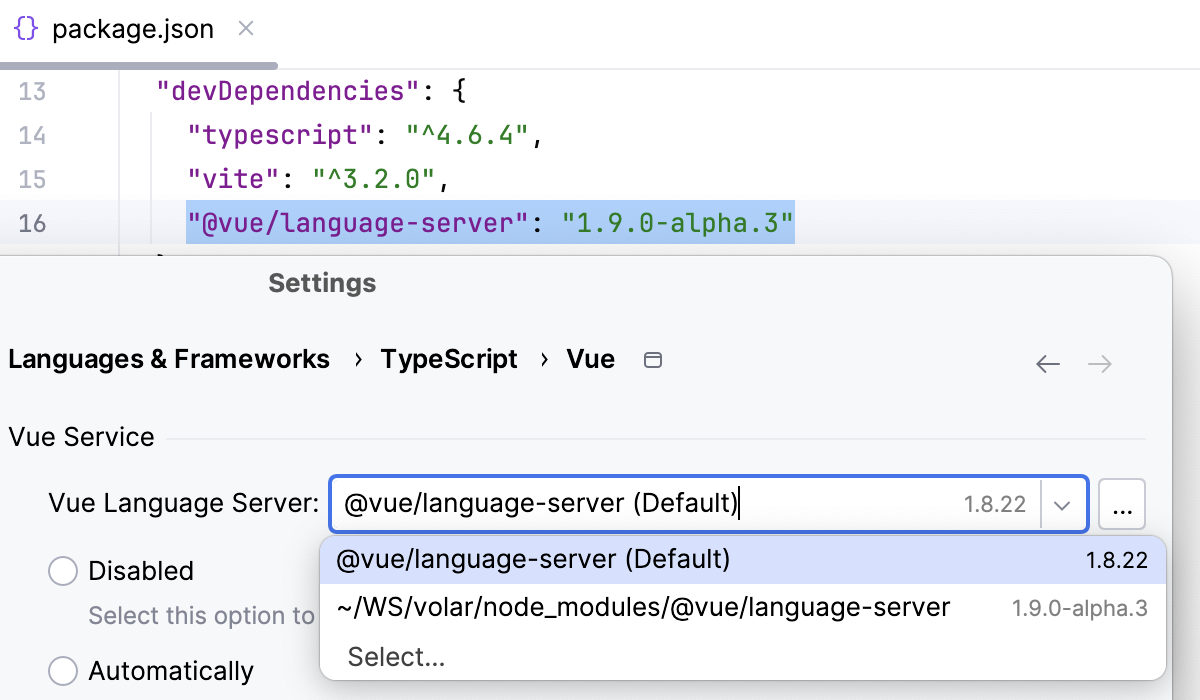 选择自定义 Vue 语言服务器