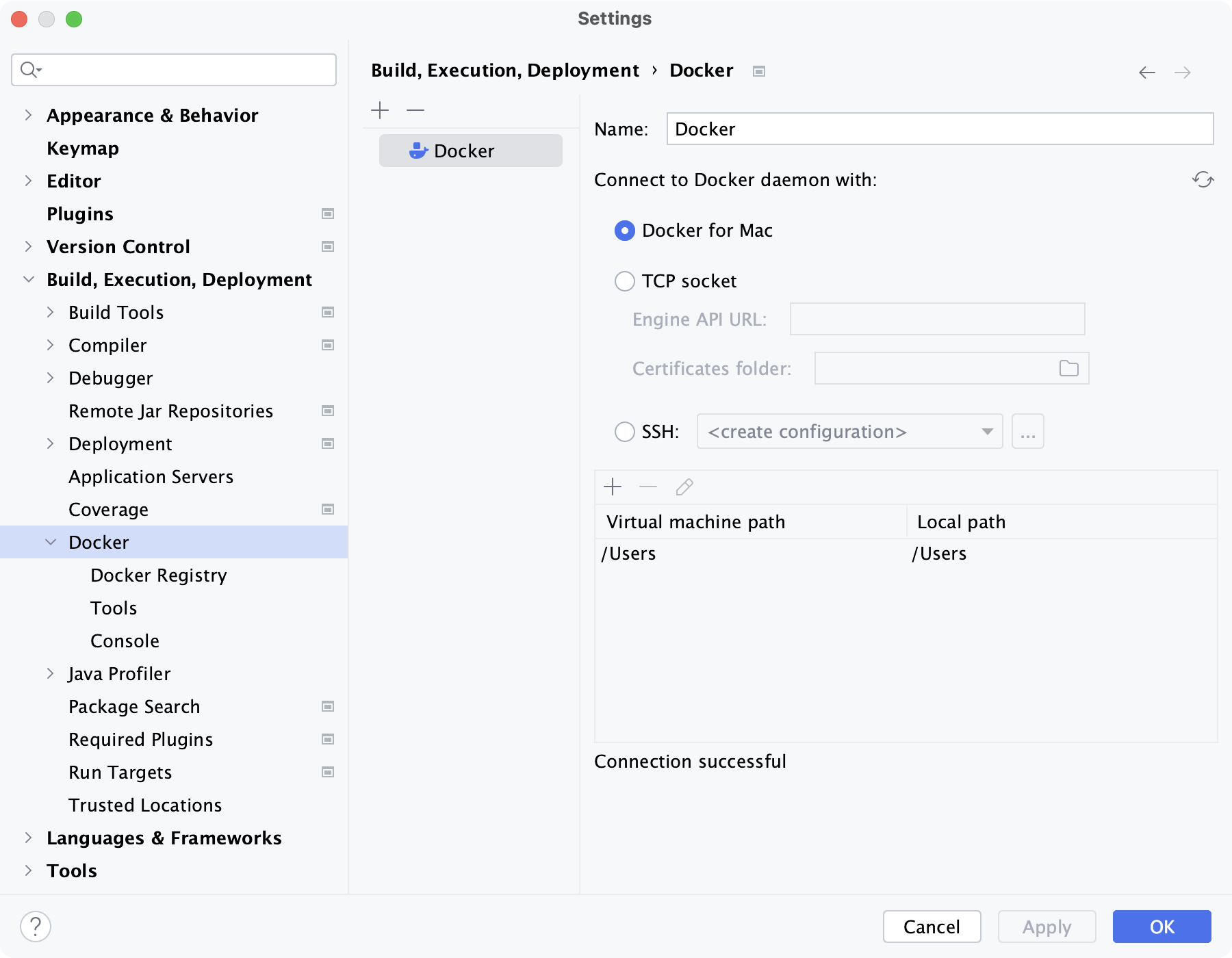 The Docker connection settings