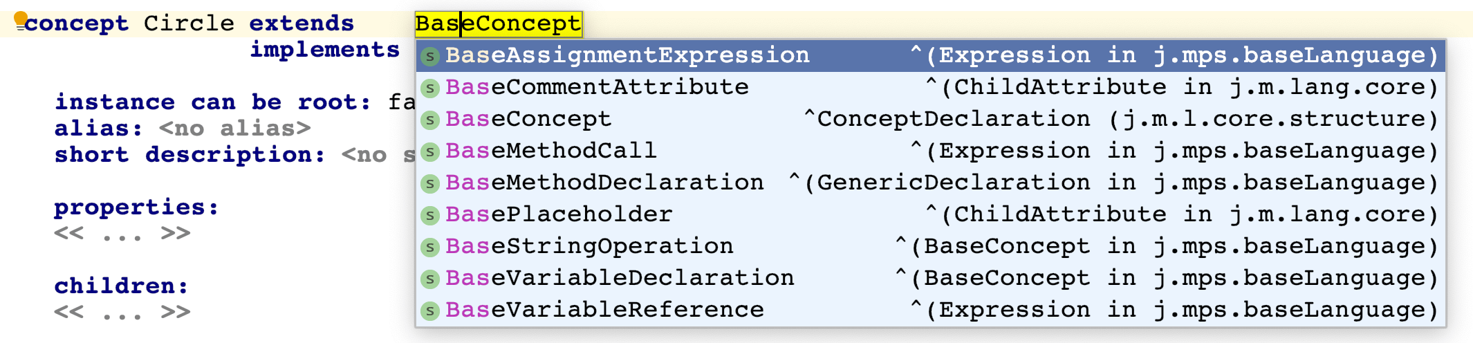 Code completion depends on the position of the caret