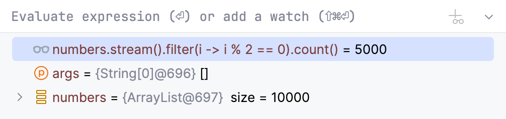 The expression result in the Variables tab