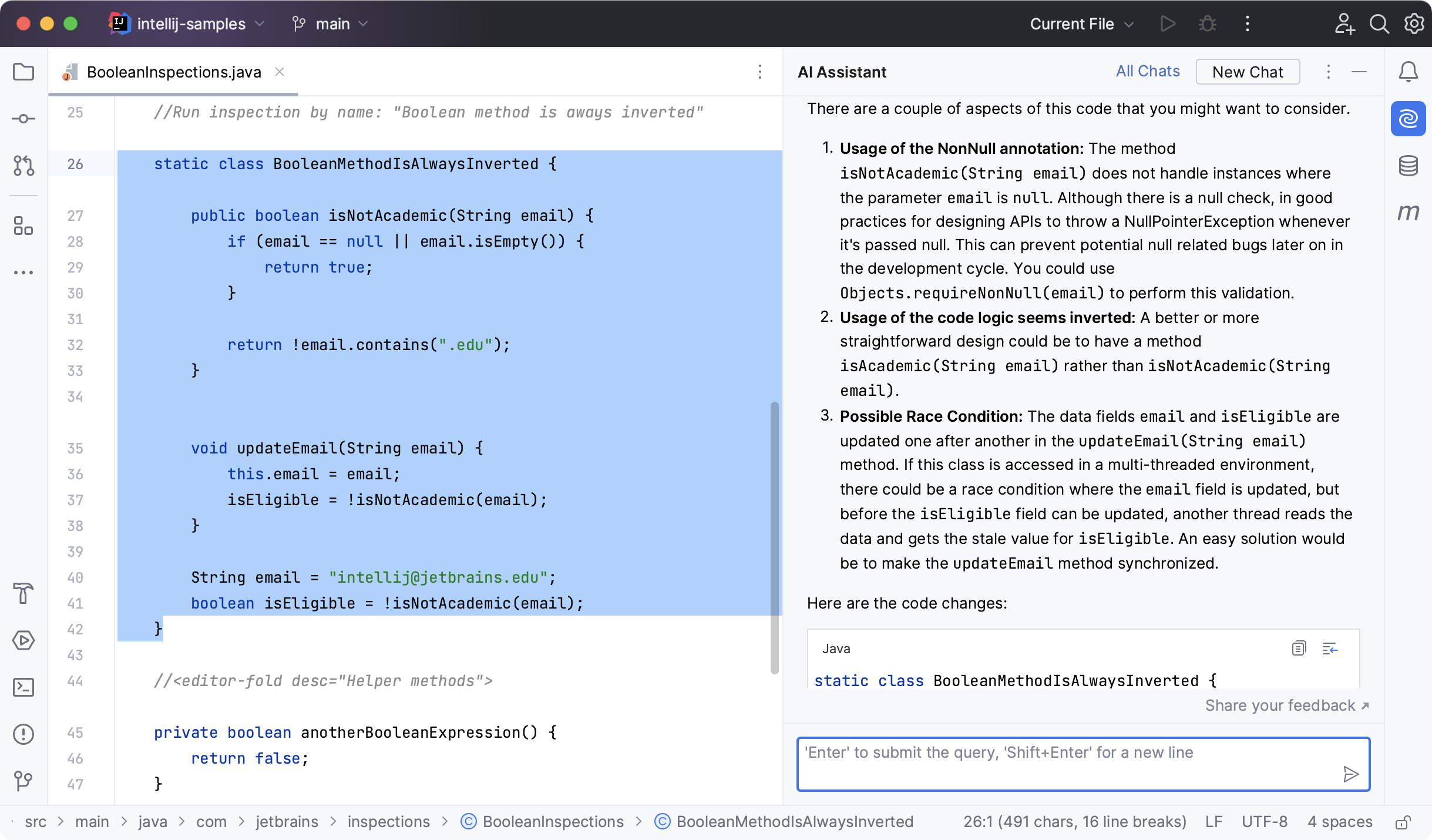 IntelliJ IDEA: AI Assistant finds potential problems in the selected code