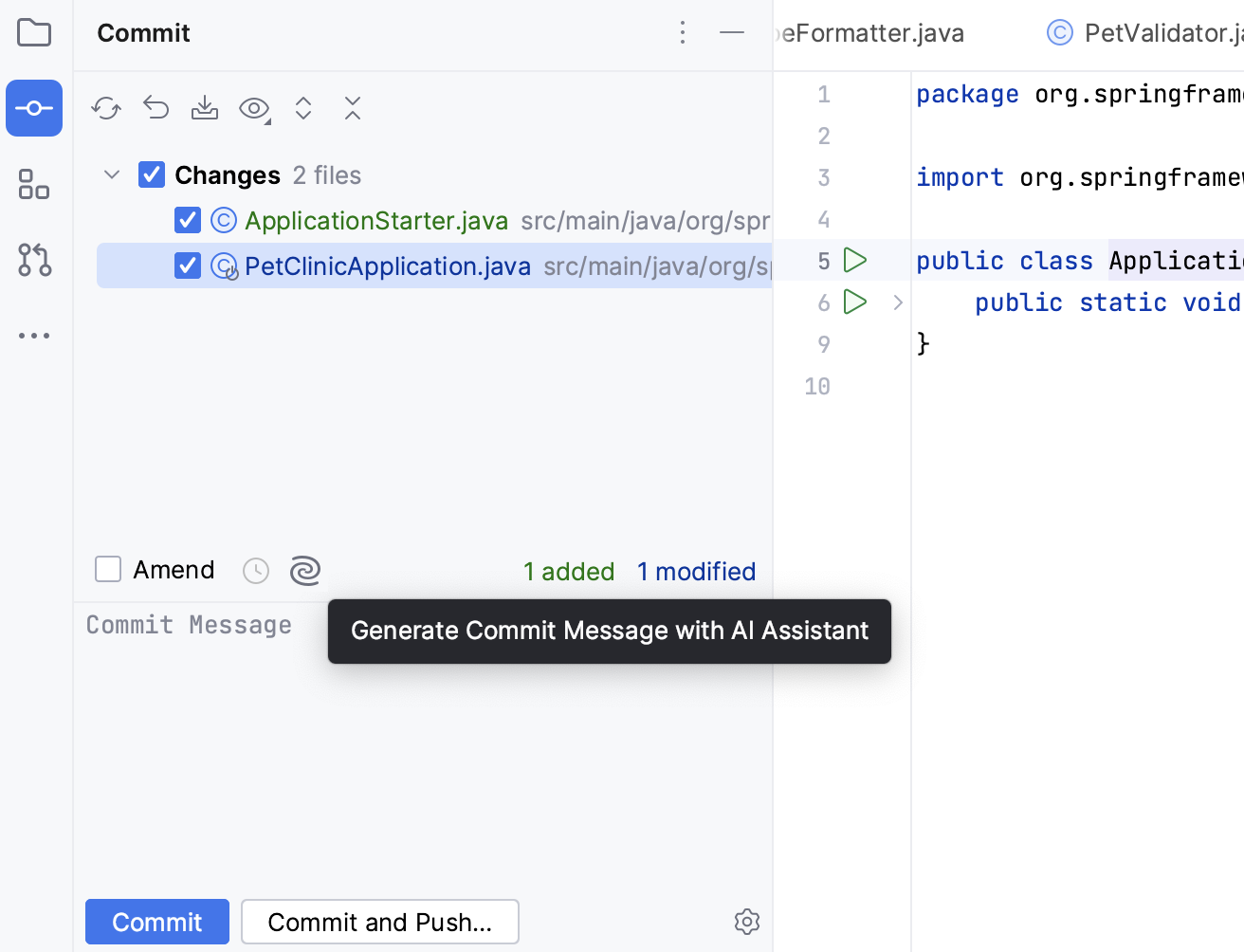 IntelliJ IDEA: AI Assistant generates commit messages