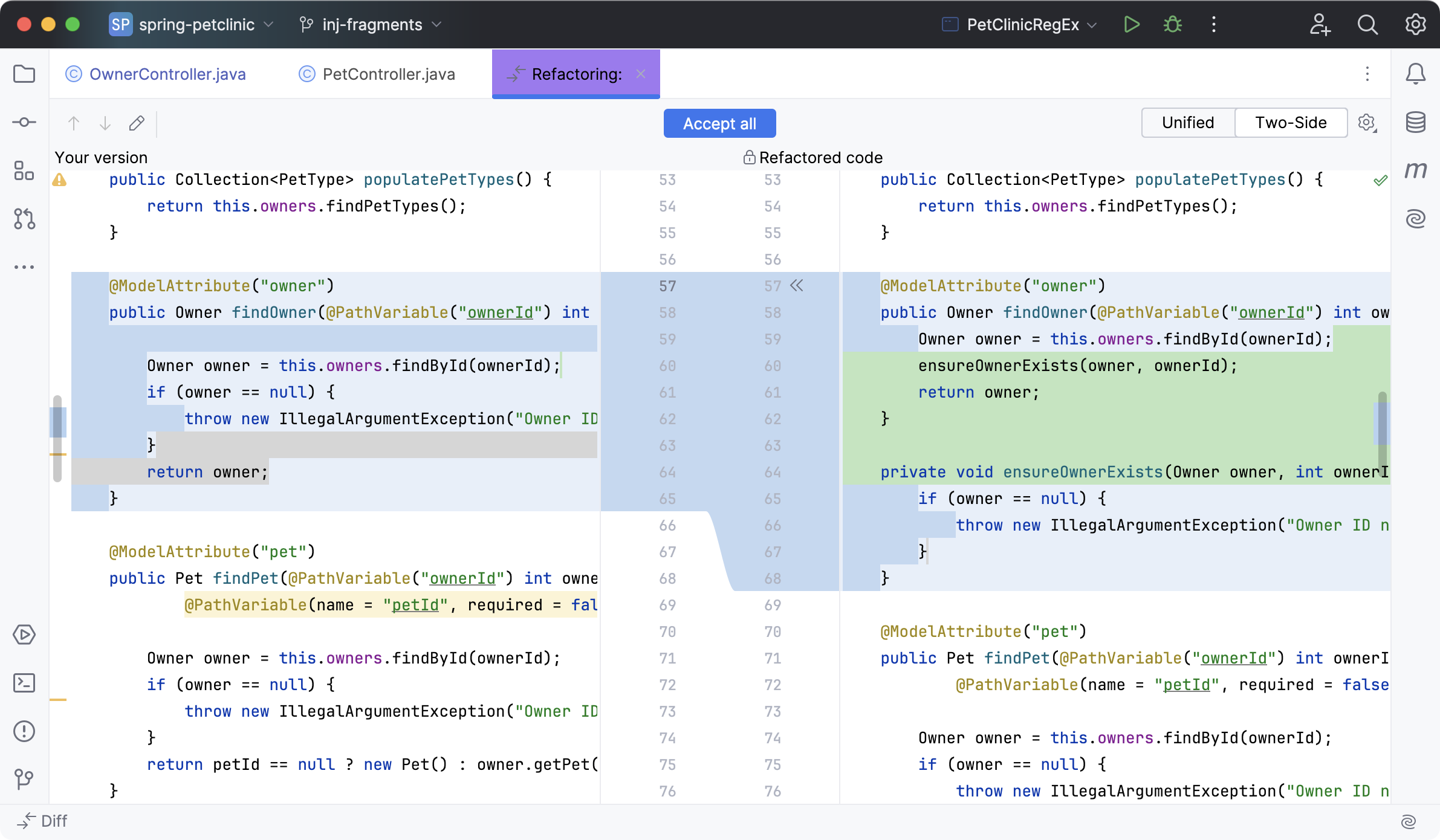 Diff tab with refactored code