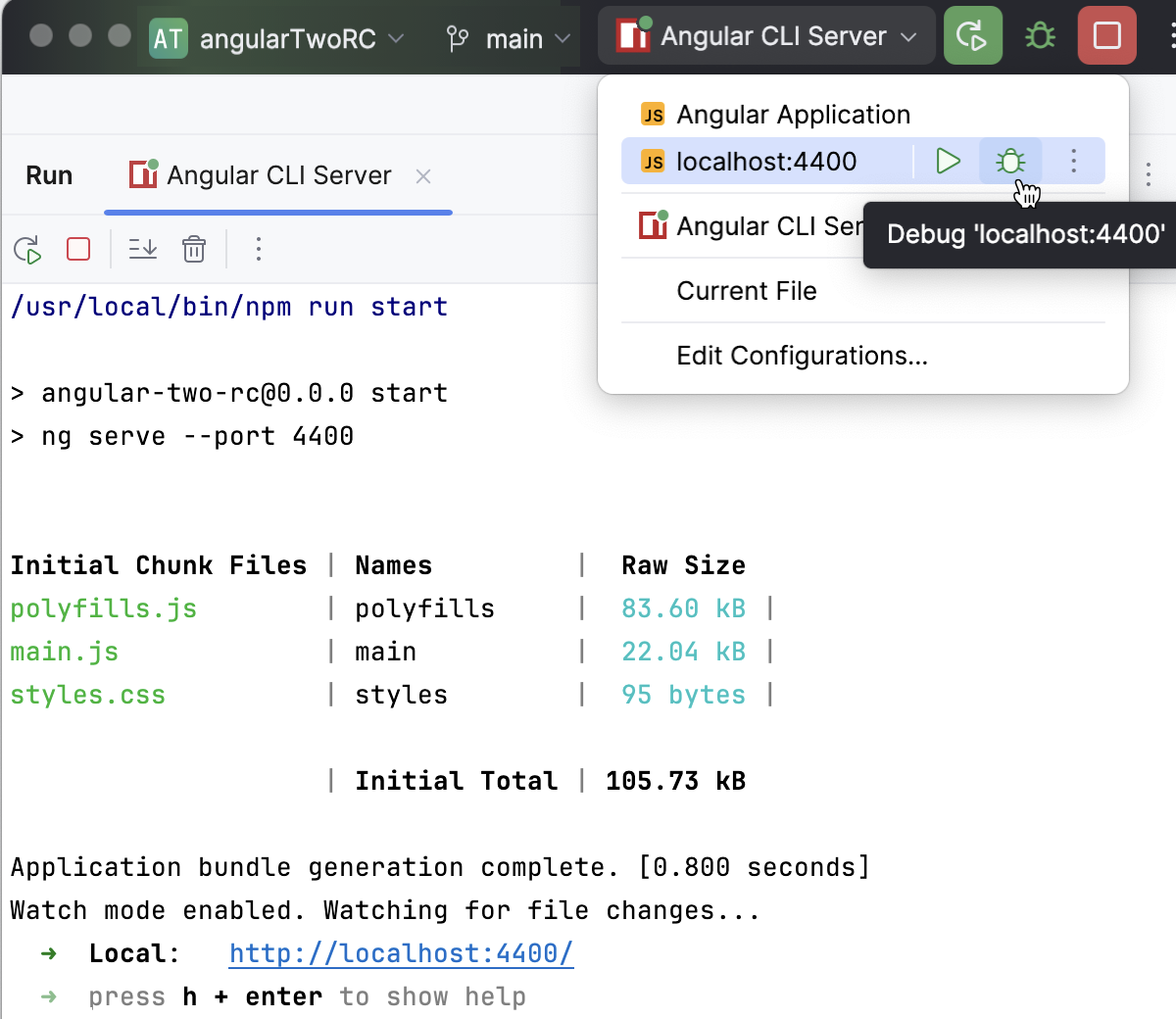 Run a JavaScript Debug configuration from the Run widget
