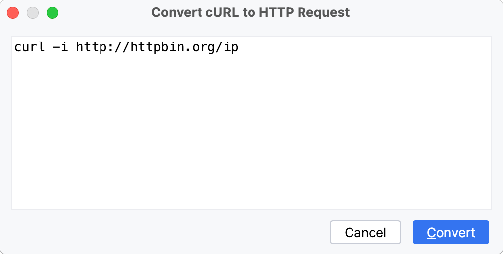 the Convert cURL to HTTP Request dialog