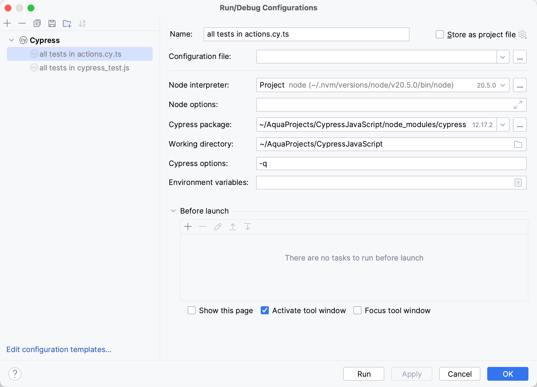 Managing test run configuration