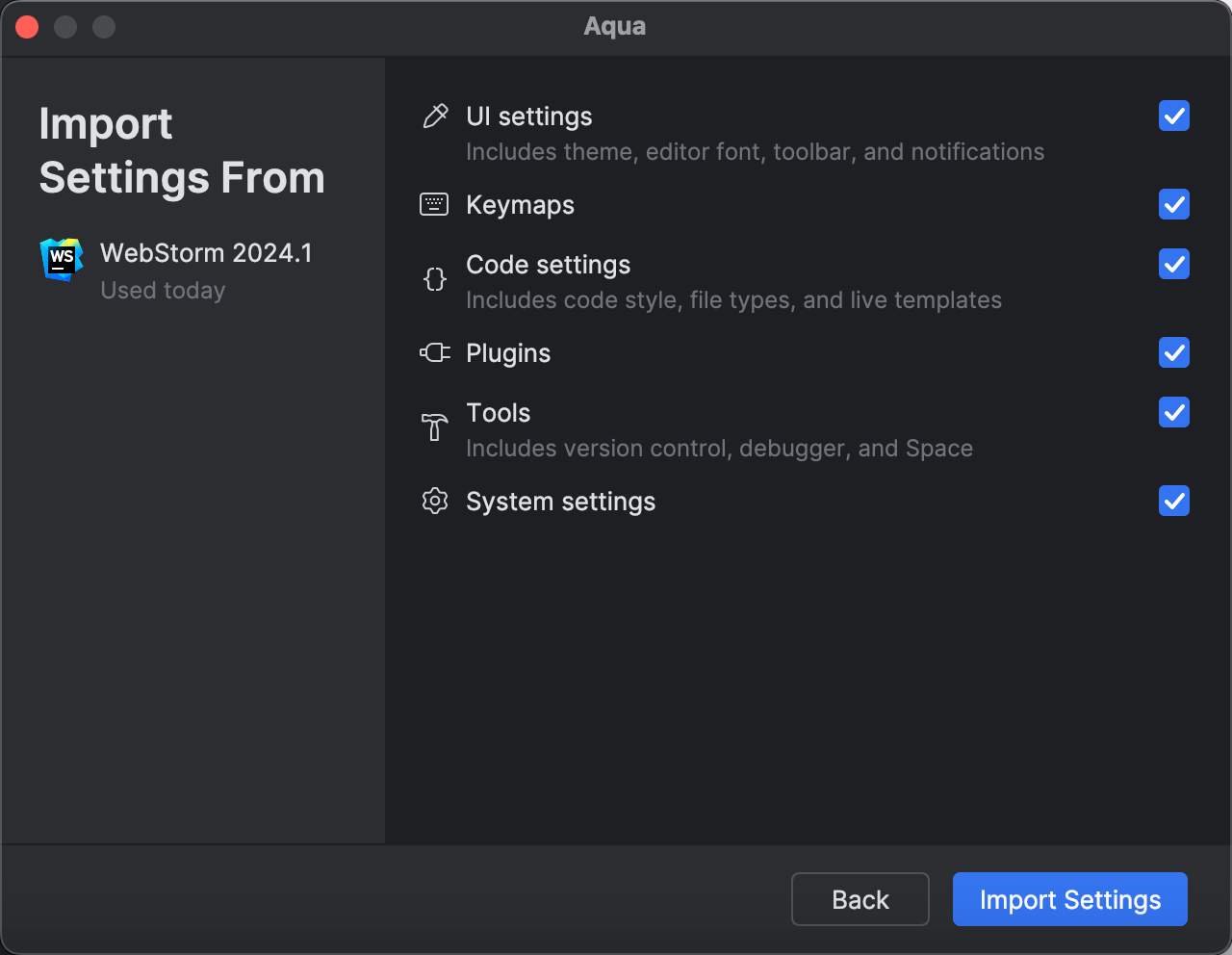JetBrains IDE settings selection
