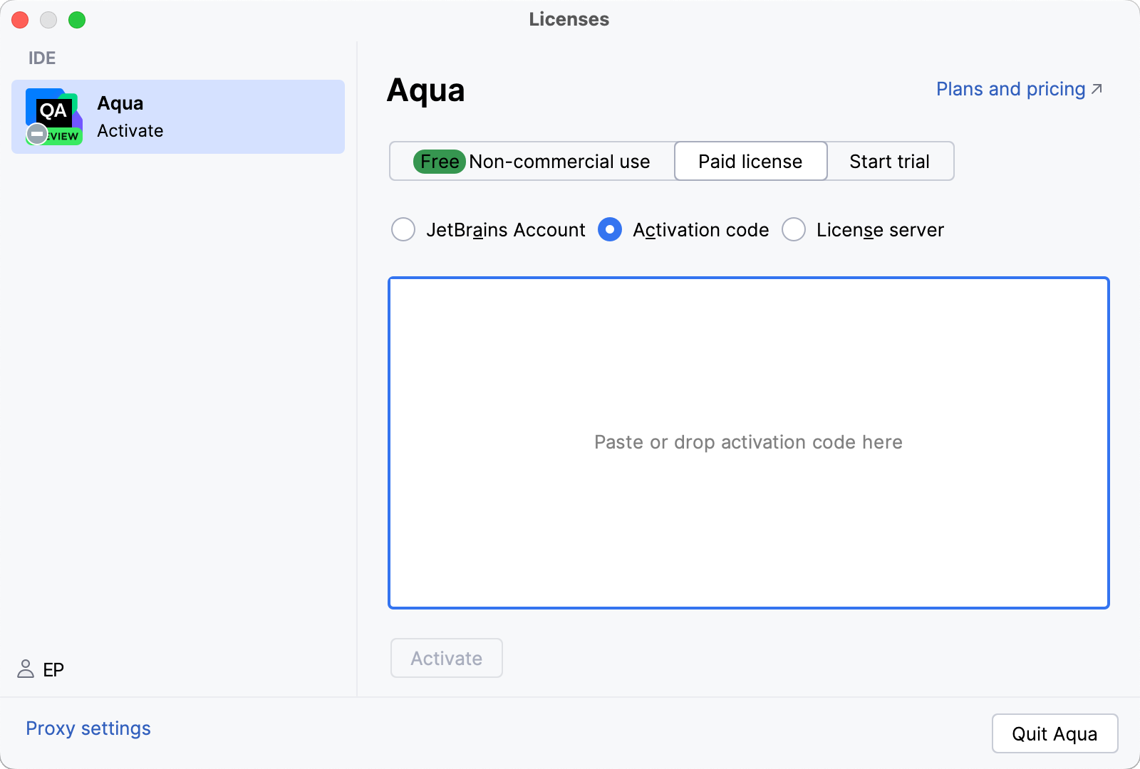 Activate Aqua license with an activation code