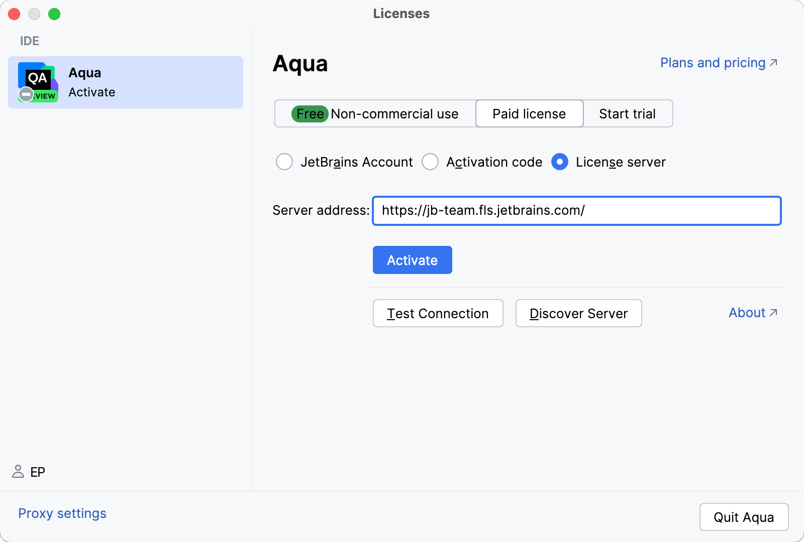 Activate Aqua license with a license server