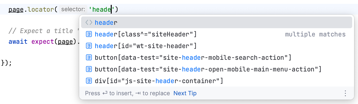 Locator code completion