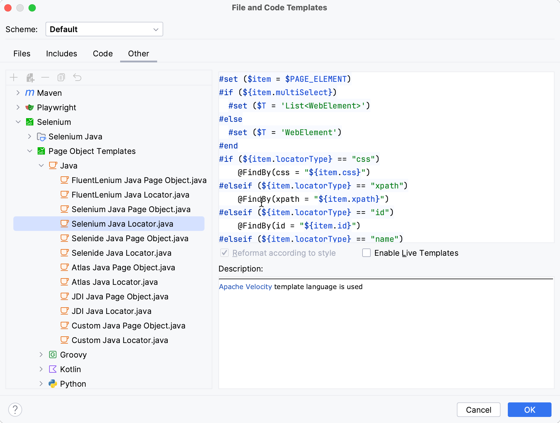 The File and Code Templates dialog