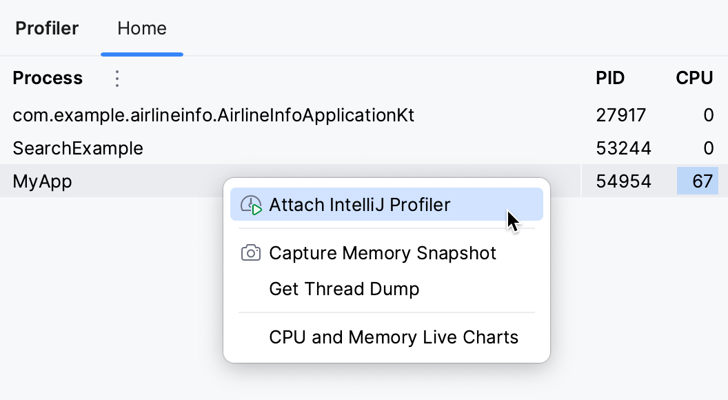 A menu appears on right-clicking a process allowing you to attach the profiler to it