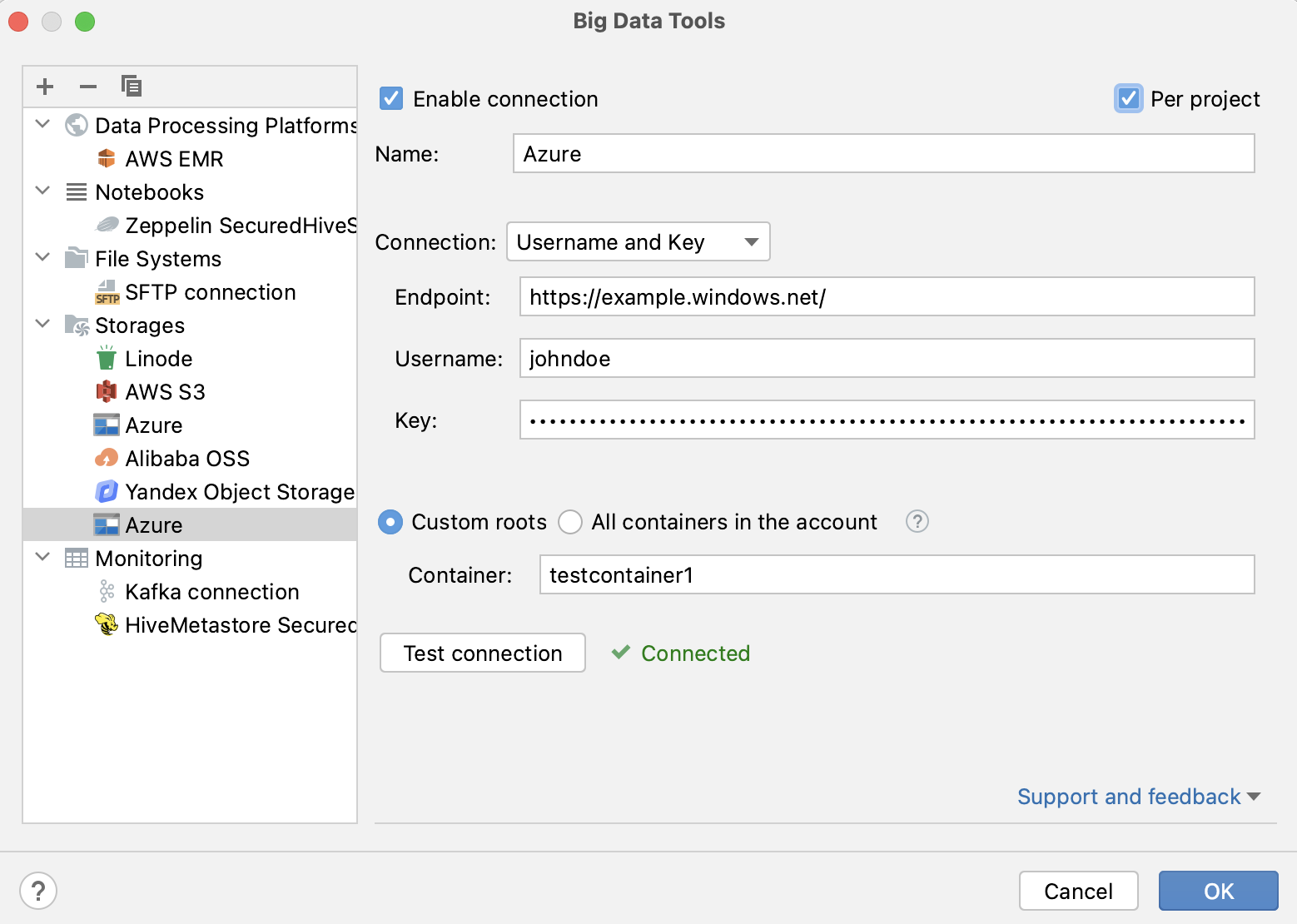 Connection settings for Azure Storage