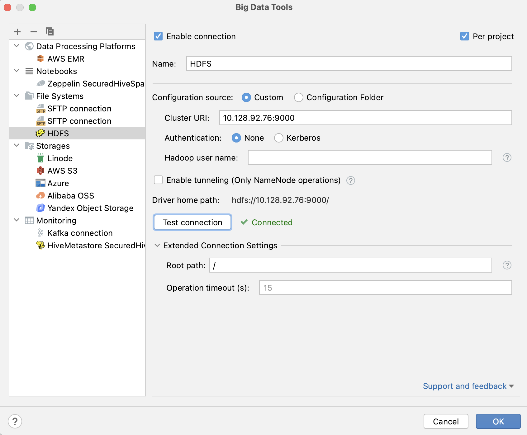 HDFS connection