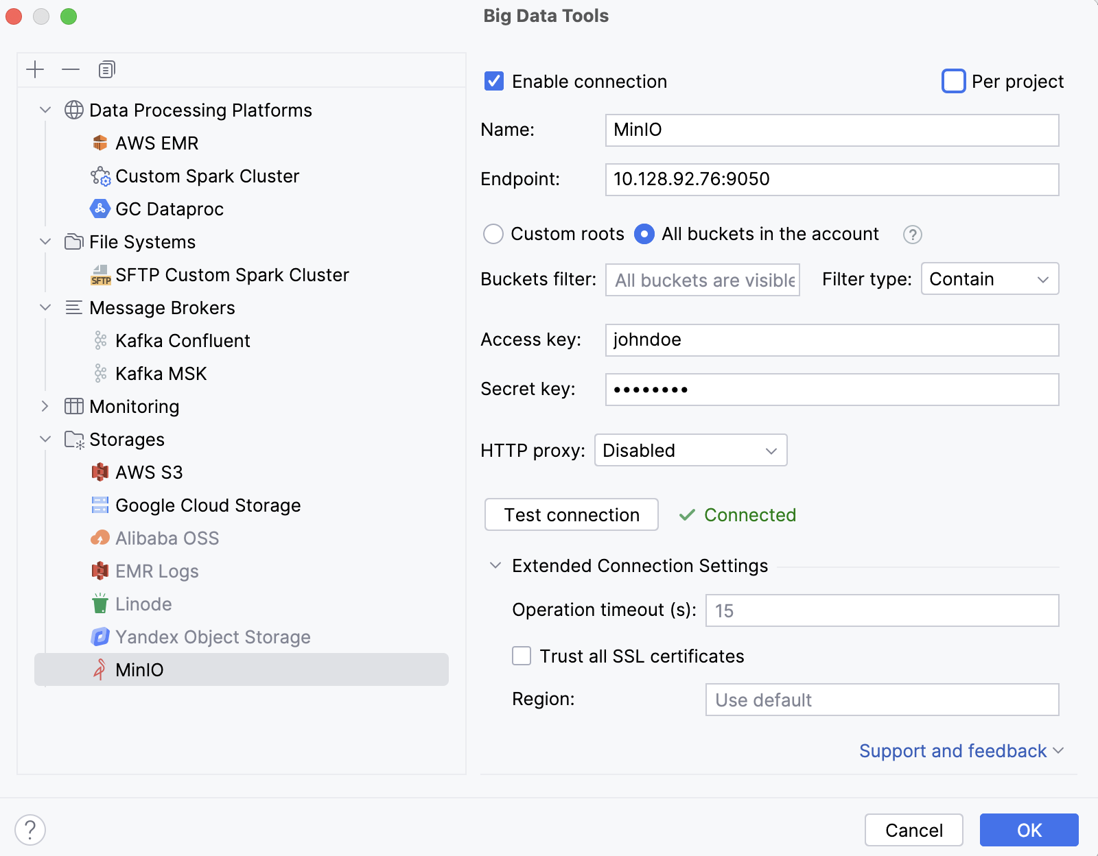 Configure MinIO connection