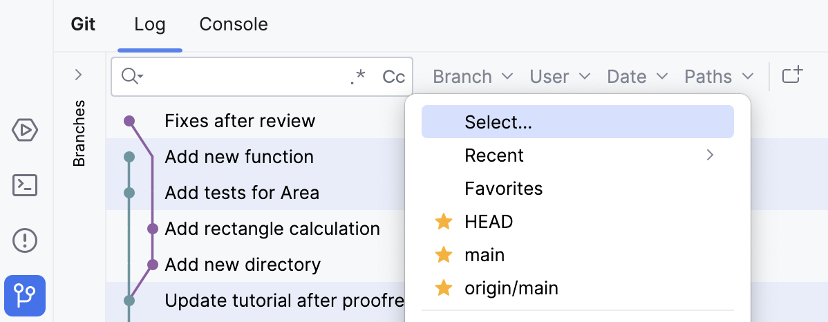 Context menu for Branch filter in Commits pane