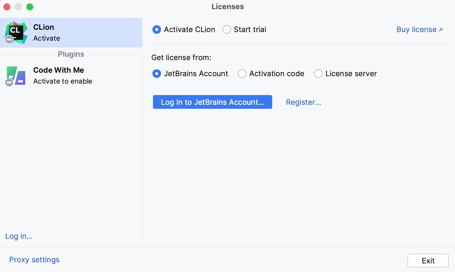 Activate CLion license with a JB Account