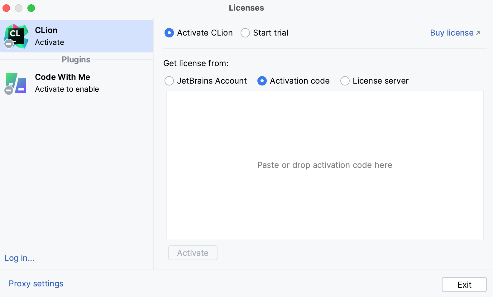 Activate CLion license with an activation code