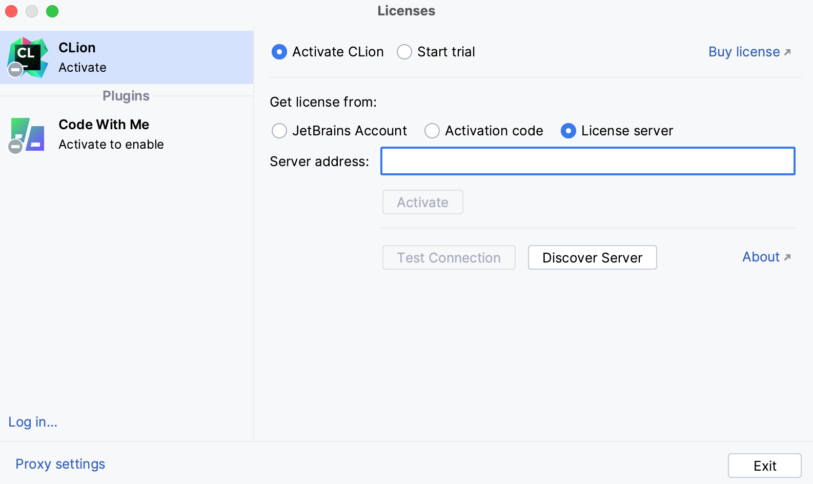 Activate CLion license with a license server