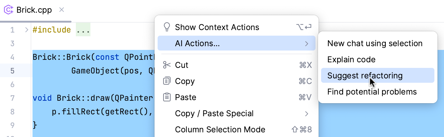 AI Actions menu - suggest refactoring