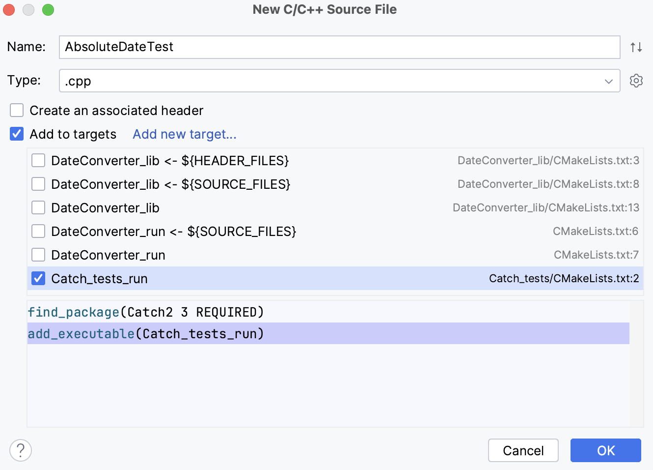 Adding a file to the newly created target