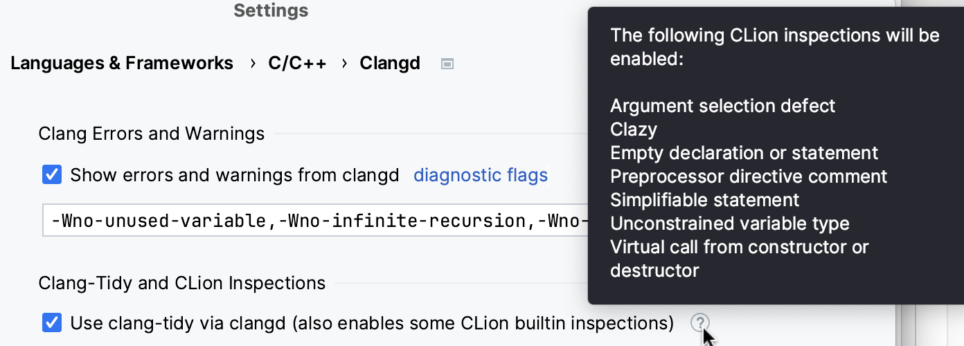 Inspection enabled automatically when Use clang-tidy via clangd is on