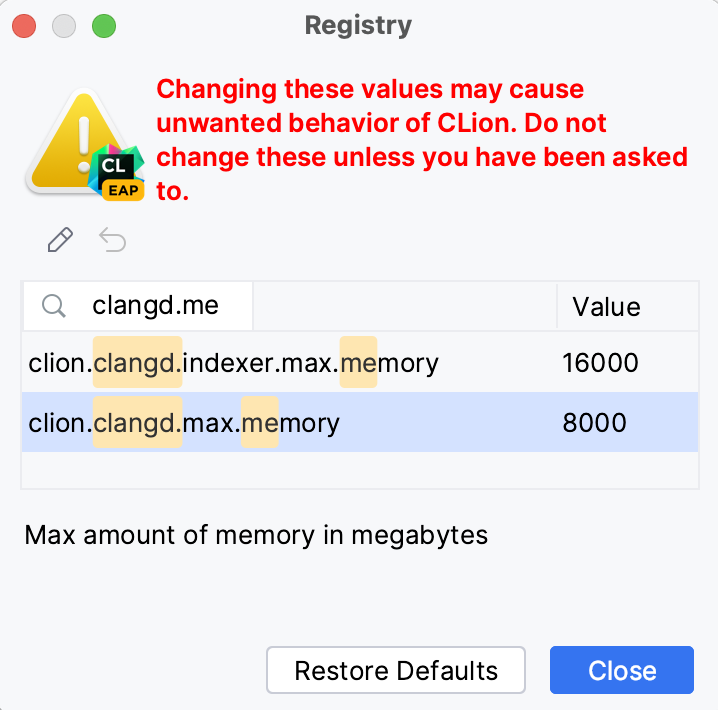 Clangd memory registry keys